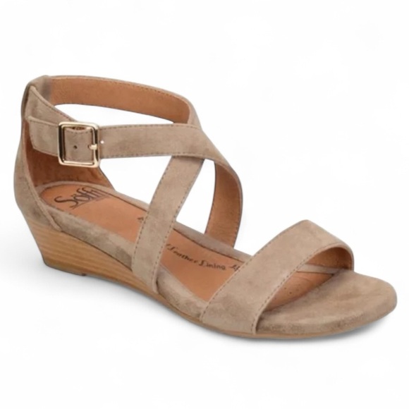 Sofft Tan Suede Innis Low Wedge Sandals - Picture 1 of 12